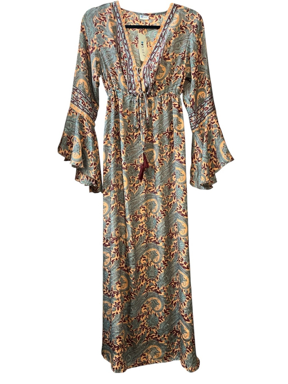 Wevez Silky print bell sleeve lace up front dress w/ tassels  elastic waist NWT
